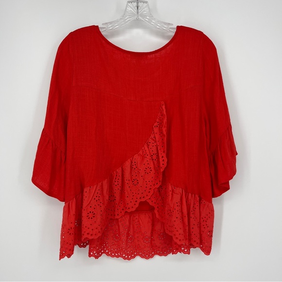 Umgee Red Eyelet Lace Trim Linen Blend Blouse Size Small Flutter Sleeve - Picture 6 of 6